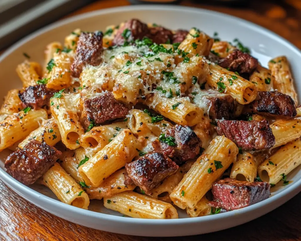 Cajun Steak Tips in Cheesy Rigatoni Parmesan Sauce