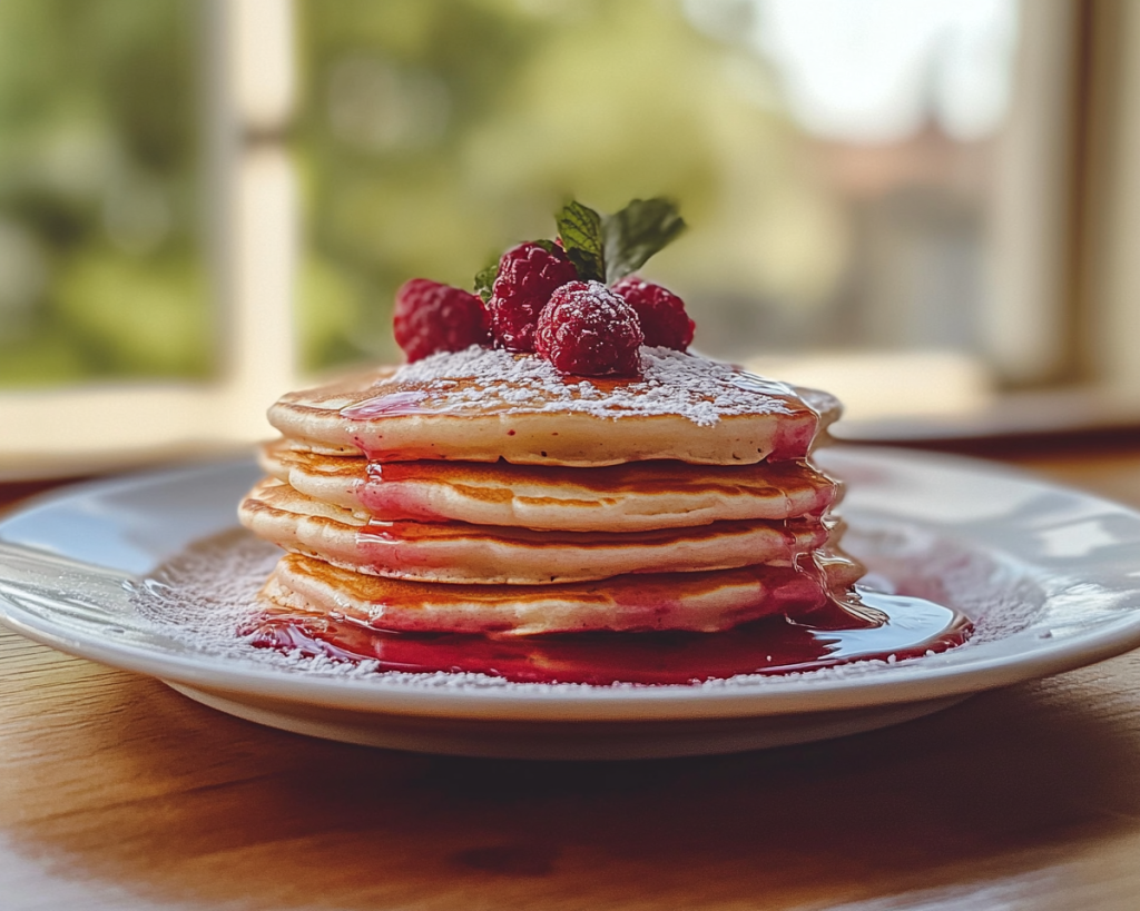Fluffy Pink Pancakes with Berry Syrup