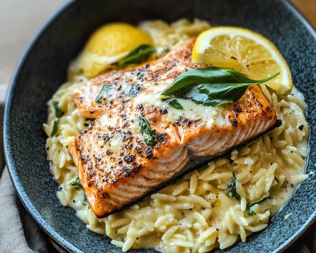 Creamy Lemony Orzo with Seared Salmon Recipe