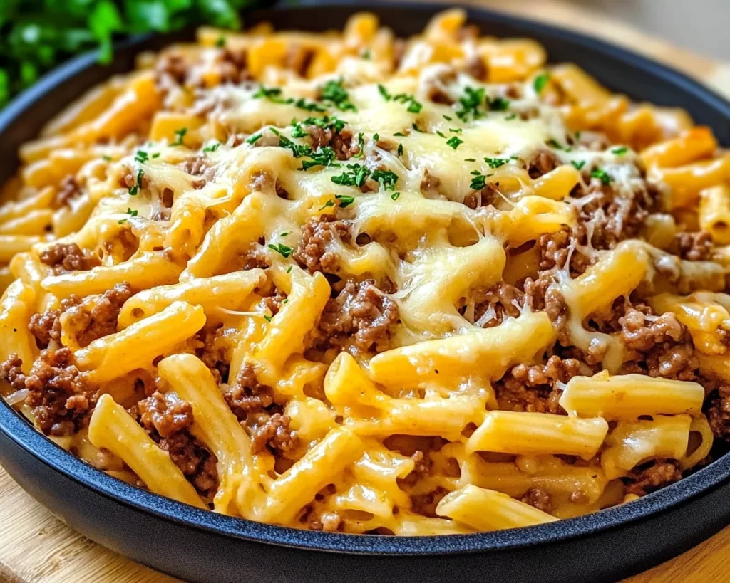 Juicy Cheesy Ground Beef Pasta
