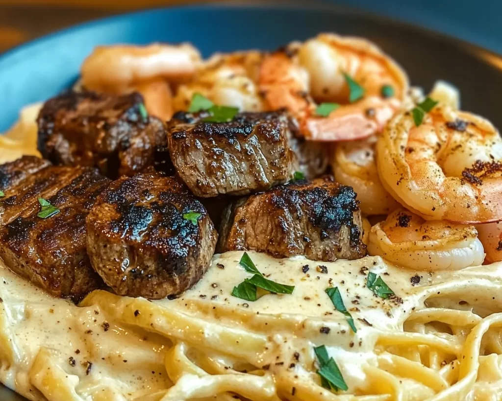 Creamy Blackened Steak Shrimp Alfredo Recipe