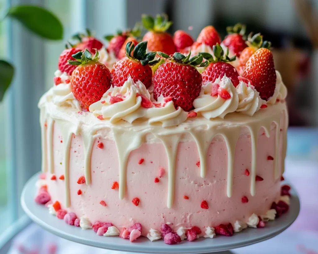 Spring Birthday Cake: Strawberry Cake with Vanilla Frosting