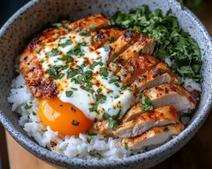 Healthy Easy Chicken Rice Bowl with Yogurt Sauce