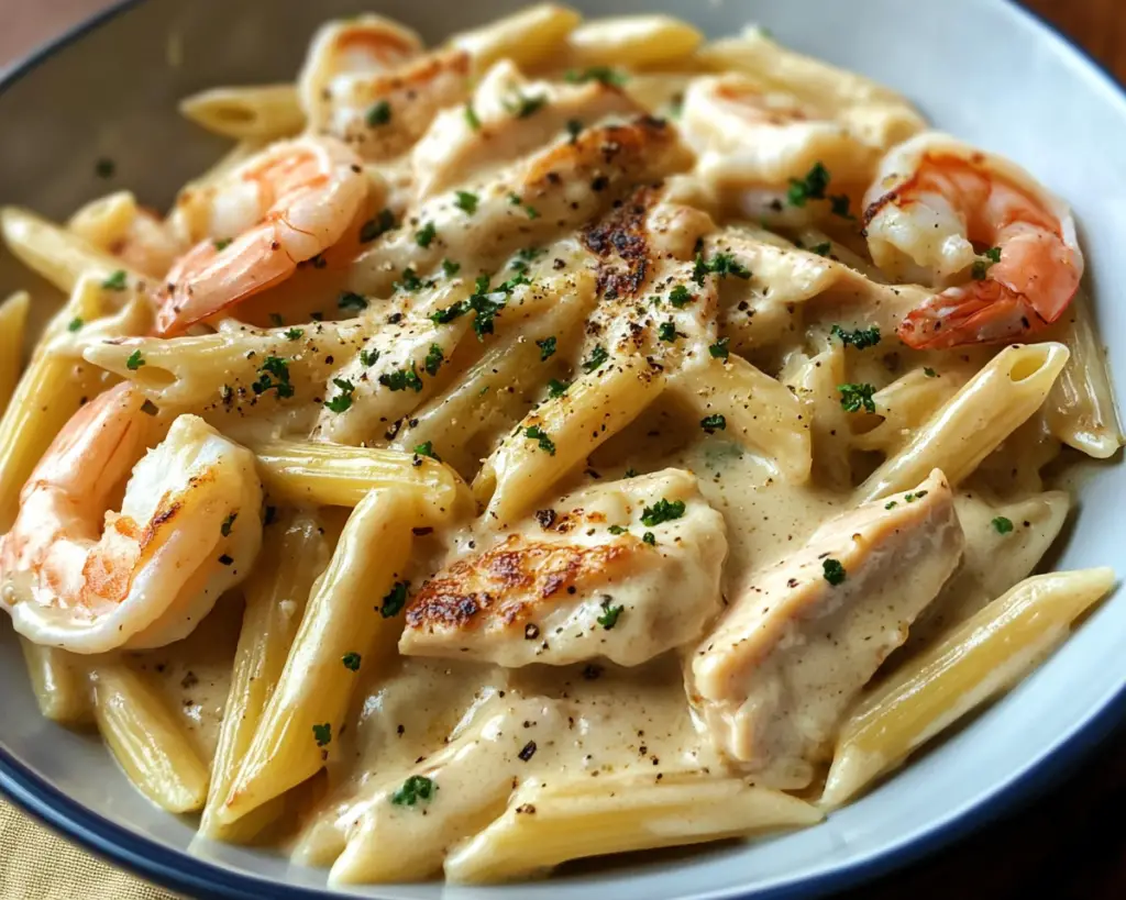 Creamy Chicken & Shrimp Alfredo Penne Recipe