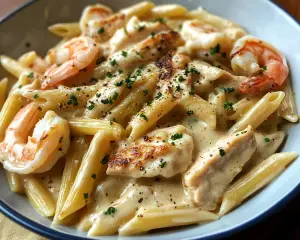 Creamy Chicken & Shrimp Alfredo Penne Recipe