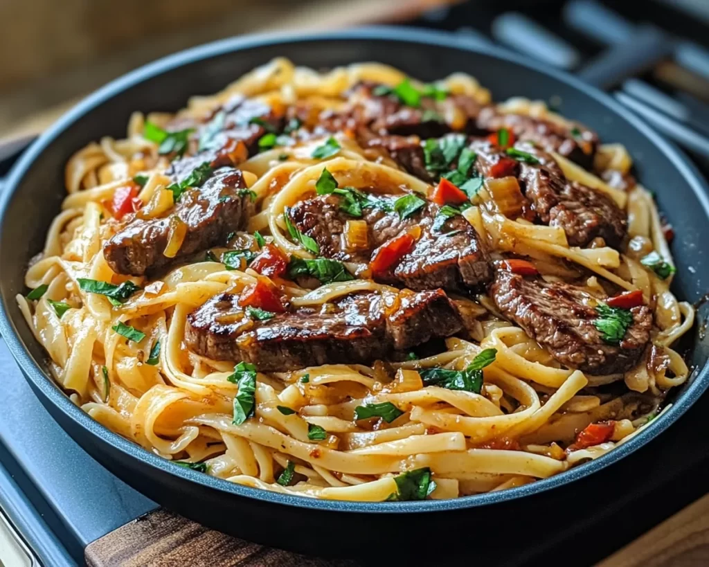 One-Pan Spicy Honey Garlic Steak Pasta Delight