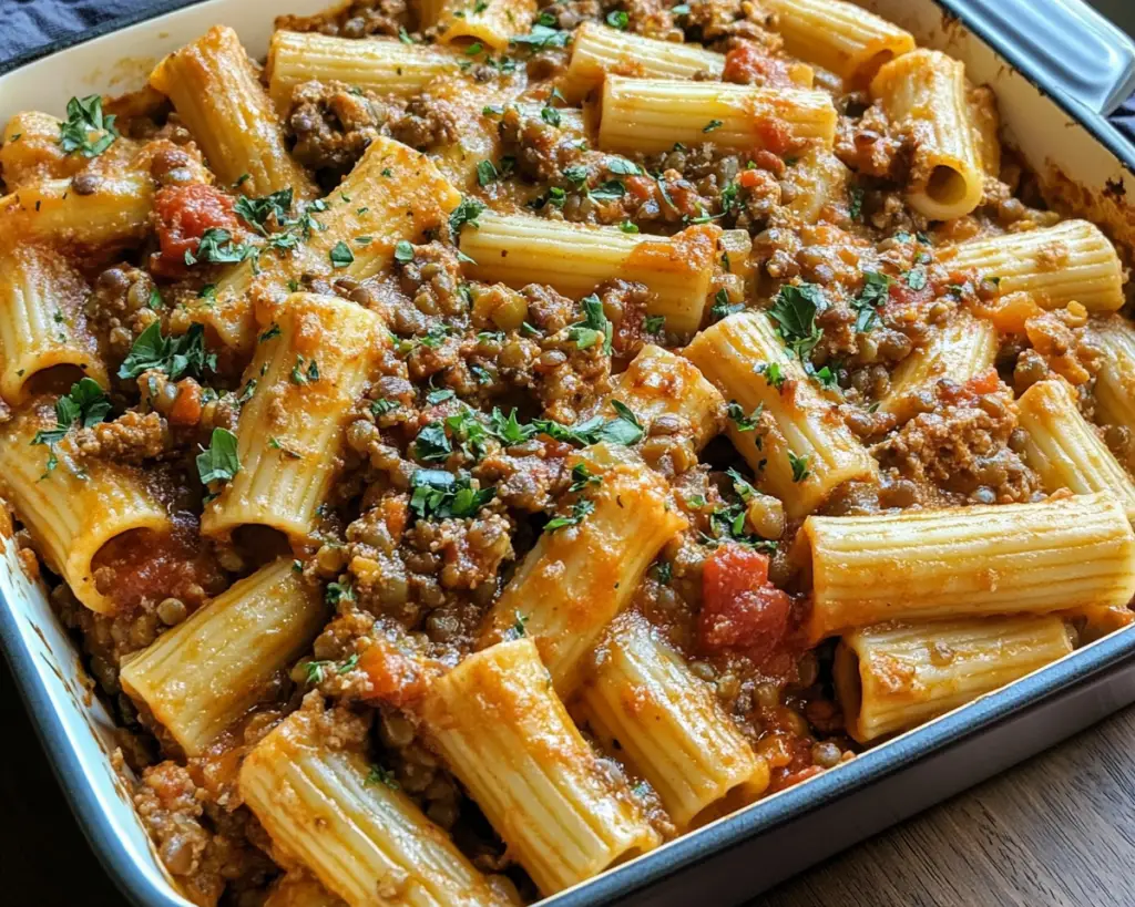 Vegan Baked Rigatoni with Lentil Meat Sauce (Plant-Based Comfort)