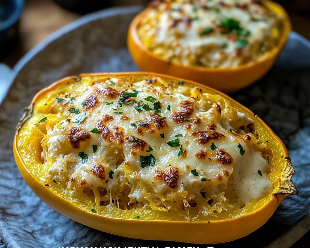 Roasted Spaghetti Squash With Alfredo Sauce and Cheese