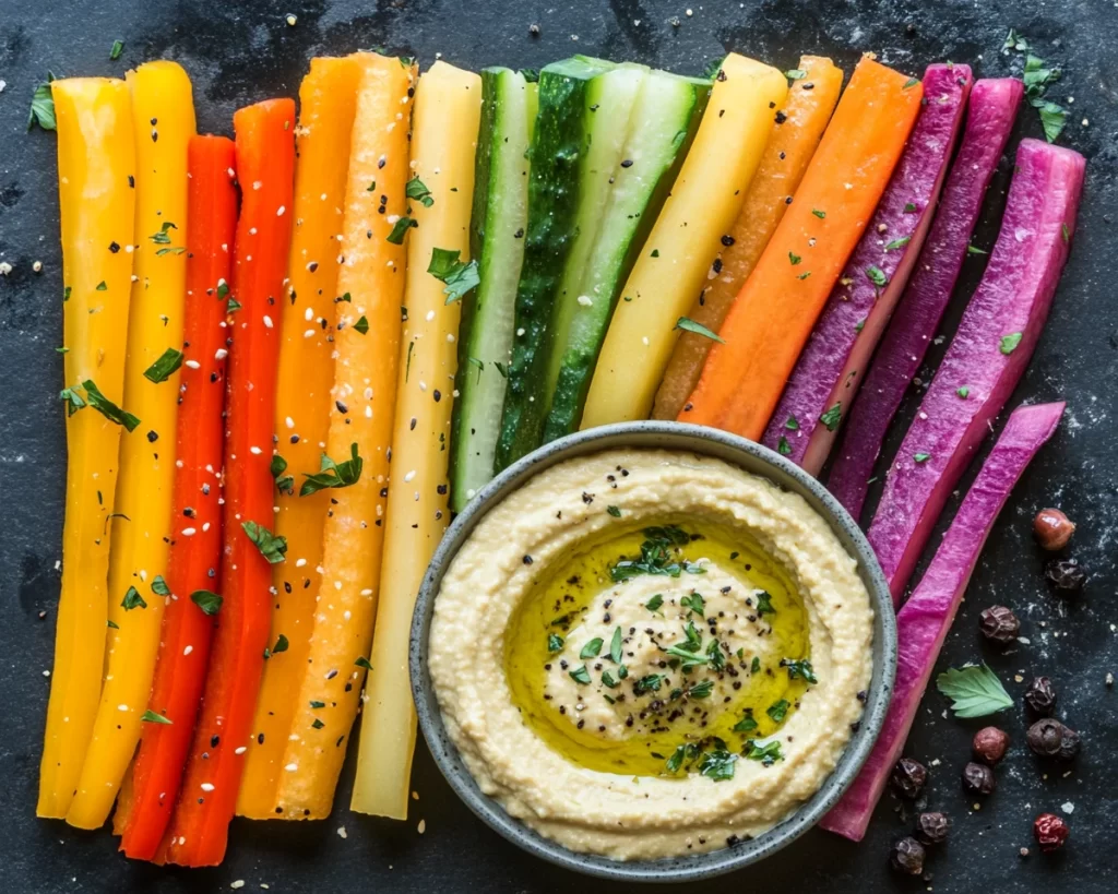 Healthy Munchies: Hummus With Rainbow Veggie Sticks in 10 Minutes