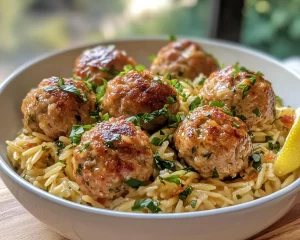 Delicious Greek Chicken Meatballs Served with Zesty Lemon Orzo for a Perfect Meal