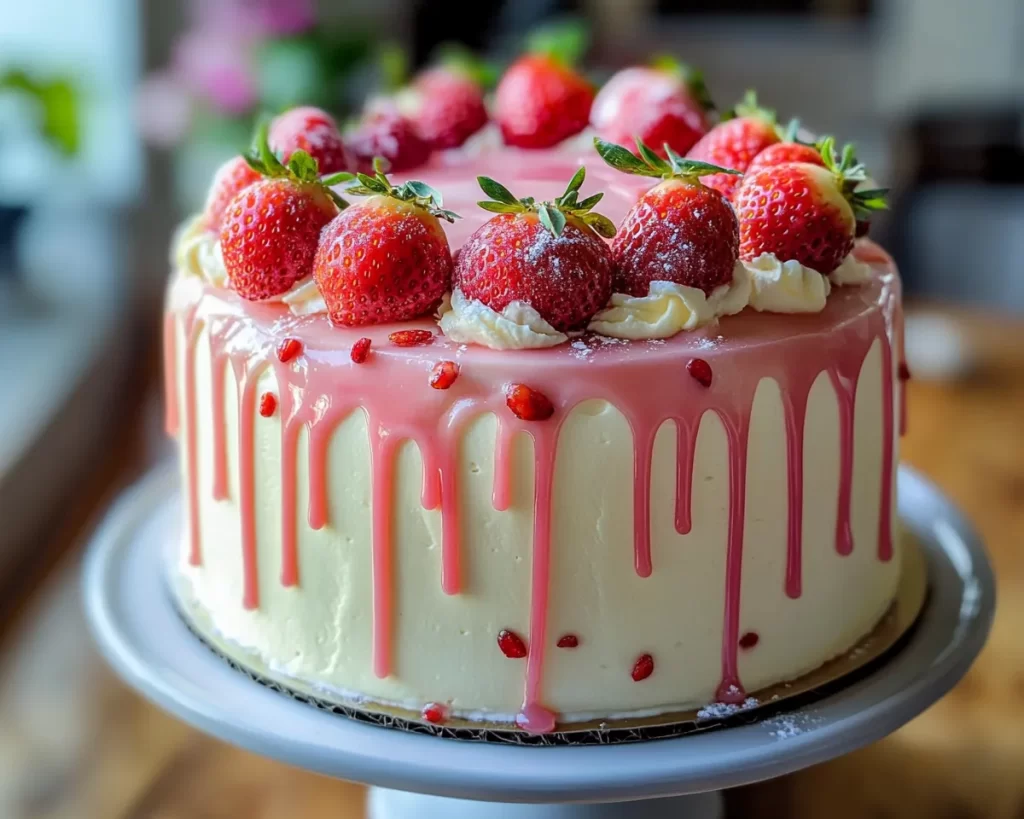 Spring Birthday Cake: Strawberry Vanilla Drip Cake