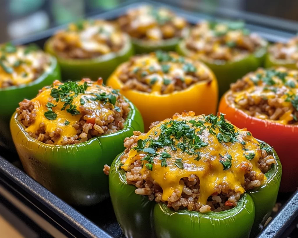 Ground Beef Recipes: Cheesy Beef and Rice Stuffed Bell Peppers in 30 Minutes