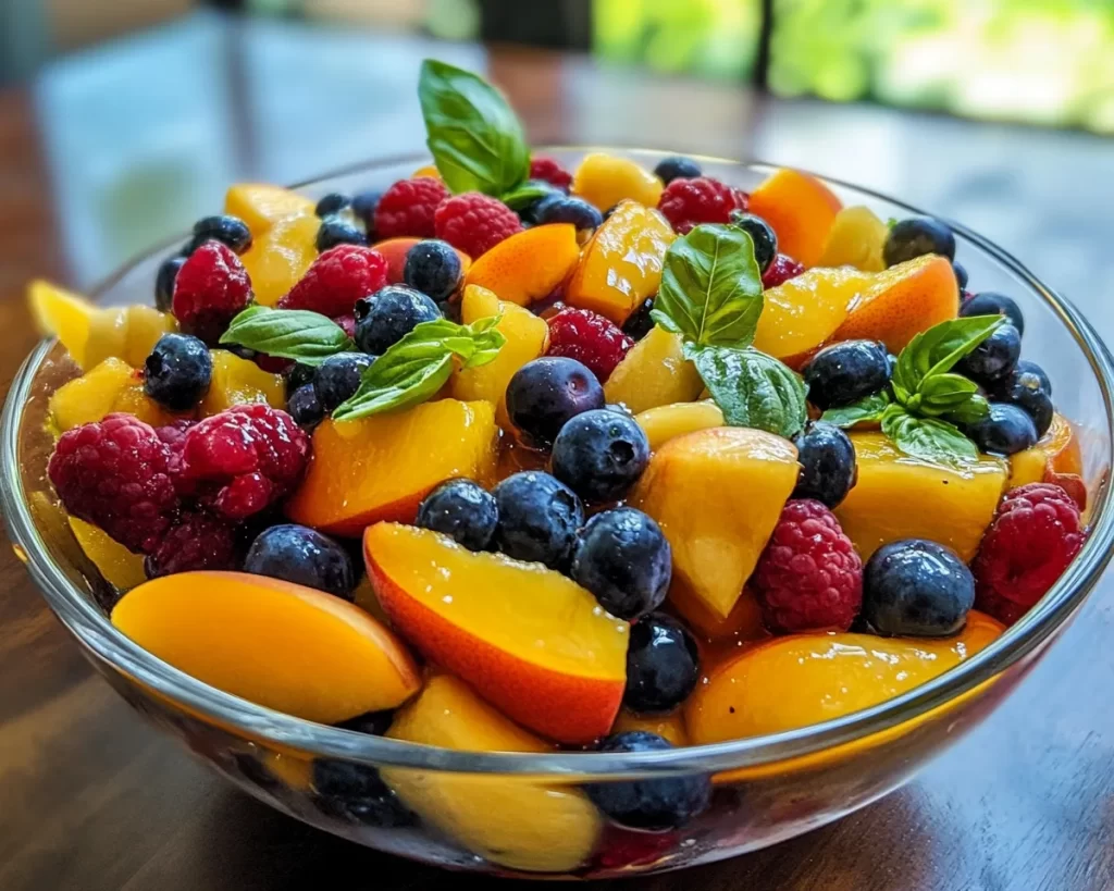Fruit Salad: Peach Blueberry and Basil Fruit Salad With Honey in 10 Minutes