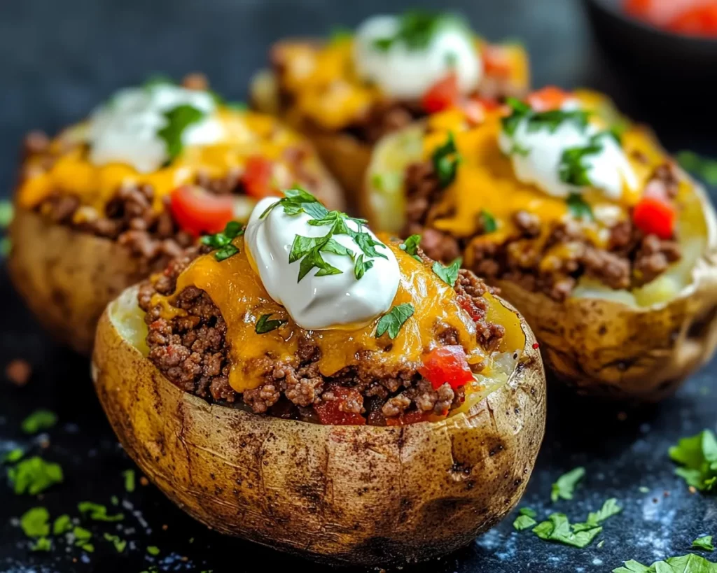 Ground Beef Recipes: Taco Stuffed Baked Potatoes With Sour Cream in 25 Minutes