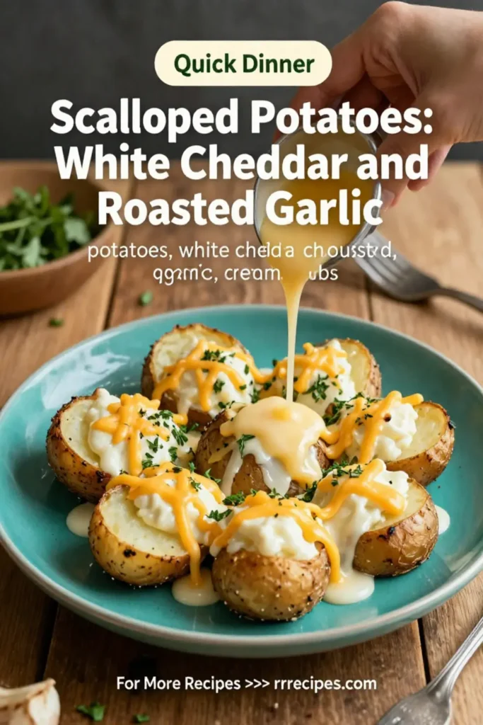Scalloped Potatoes: White Cheddar and Roasted Garlic Scalloped Potatoes in 40 Minutes