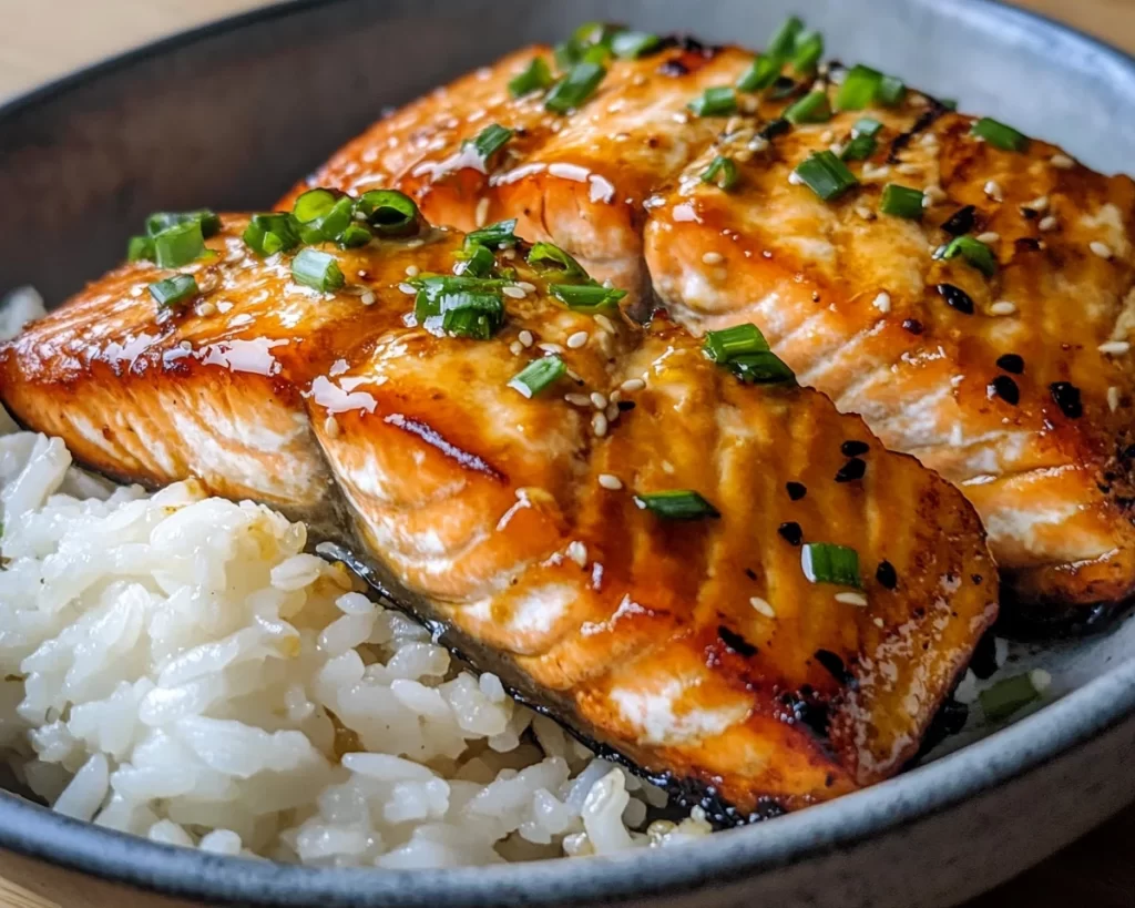 Salmon: Honey Garlic Glazed Salmon With Steamed Rice in 20 Minutes