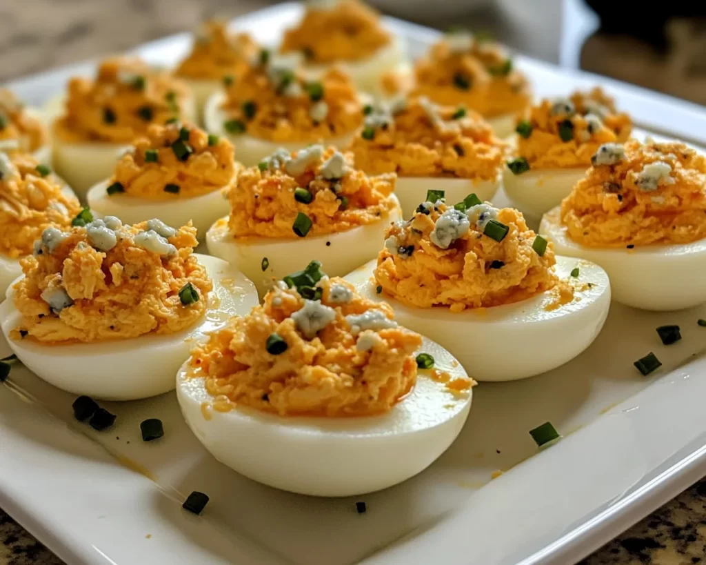 Deviled Eggs: Buffalo Chicken Deviled Eggs With Blue Cheese Crumble in 25 Minutes