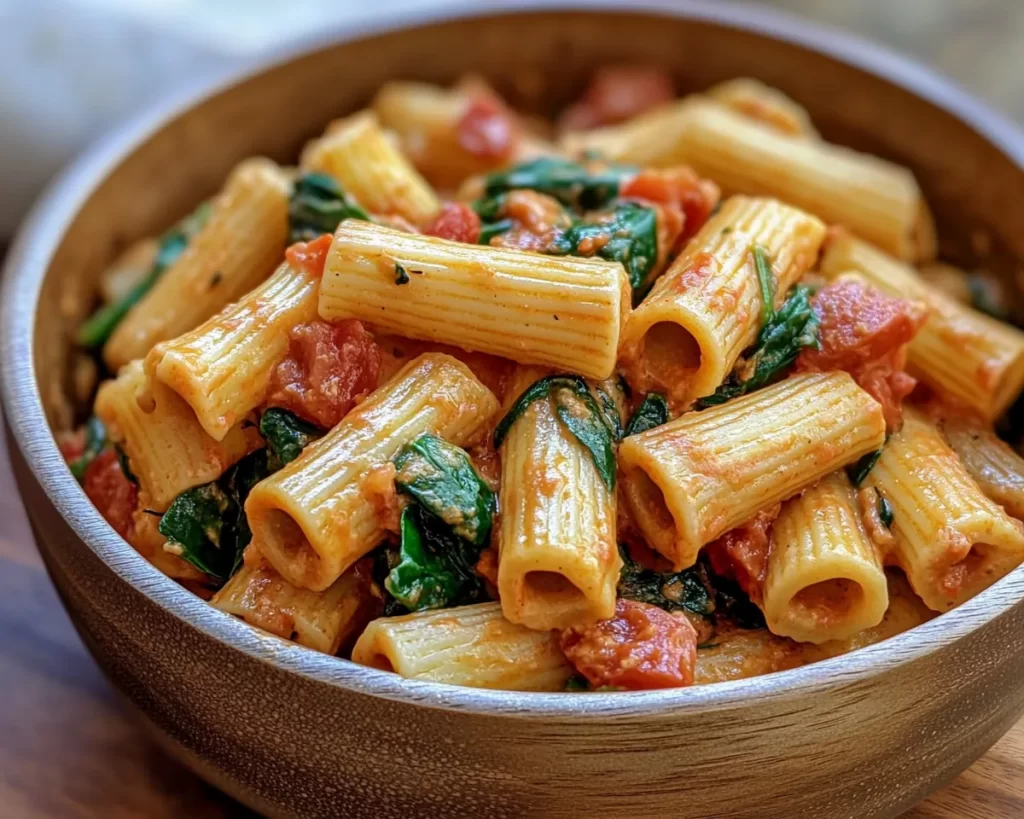 Pasta Recipes: One Pot Creamy Spinach and Tomato Rigatoni in 20 Minutes