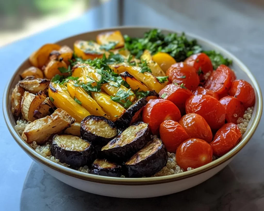 Mediterranean Diet Recipes: Mediterranean Quinoa Bowl With Roasted Vegetables in 25 Minutes