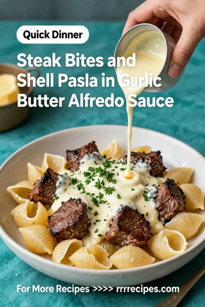 Steak Bites and Shell Pasta in Garlic Butter Alfredo Sauce