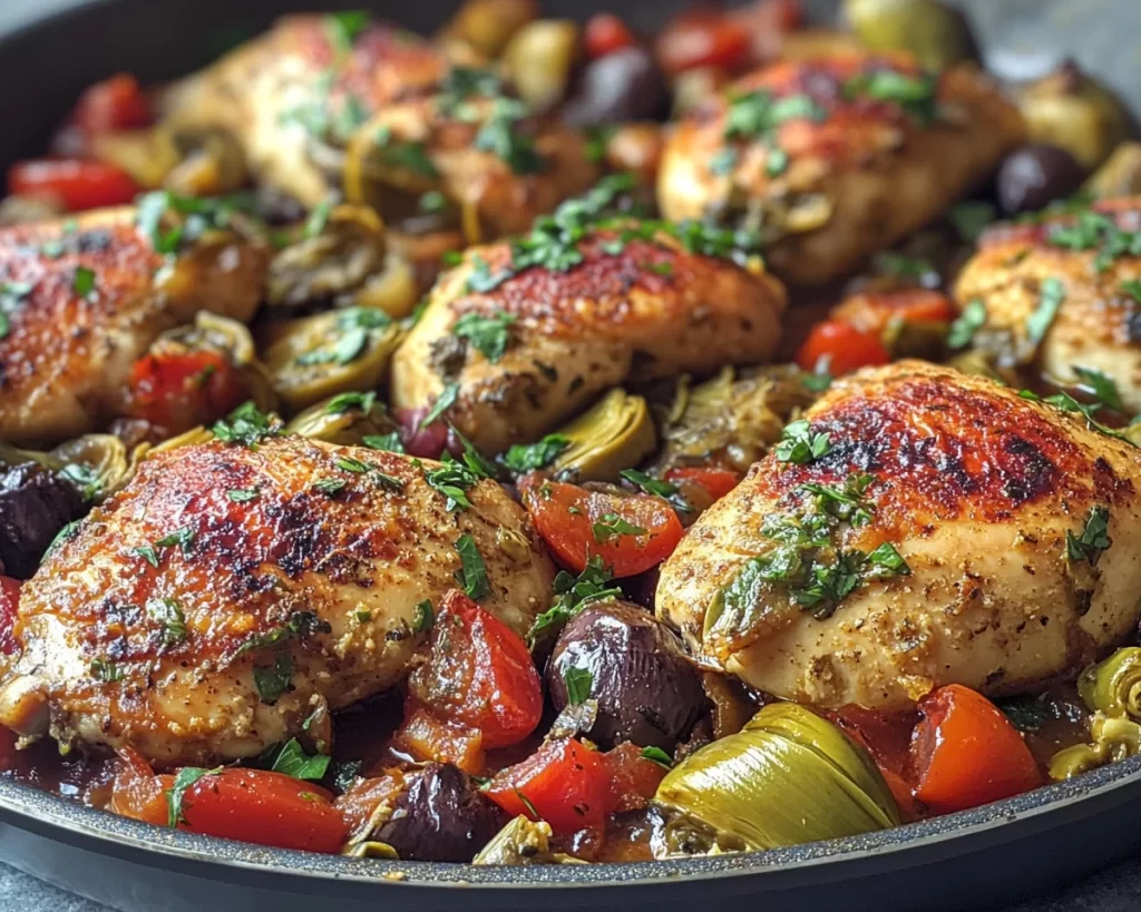 Mediterranean Diet Recipes: One Pan Mediterranean Chicken With Artichokes in 25 Minutes