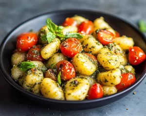 Easy Dinner Recipes: Creamy Pesto Gnocchi With Cherry Tomatoes in 15 Minutes