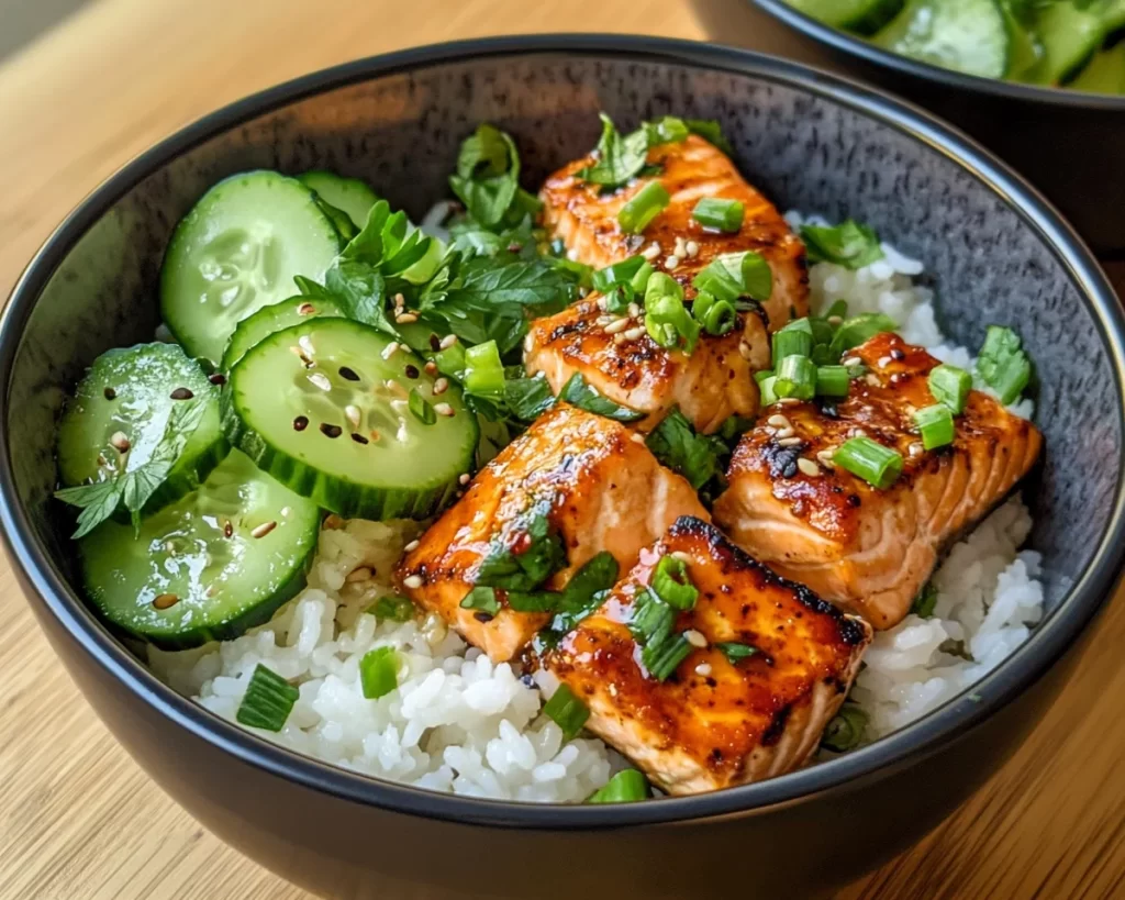 Dinner Ideas: Honey Garlic Salmon Bowl With Cucumber and Rice in 25 Minutes