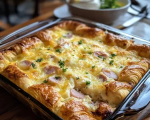 Breakfast Casserole: Ham Swiss and Croissant Overnight Breakfast Casserole in 10 Minutes Prep