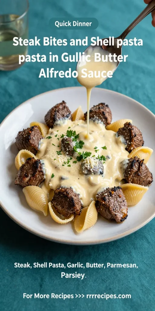 Steak Bites and Shell Pasta in Garlic Butter Alfredo Sauce