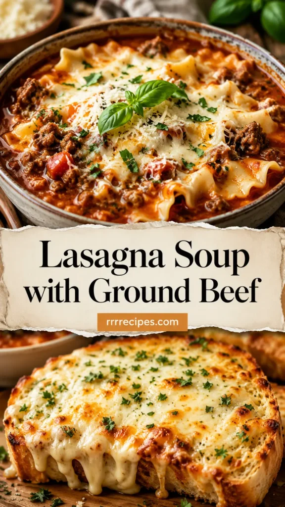 Lasagna Soup with Ground Beef and Garlic Bread