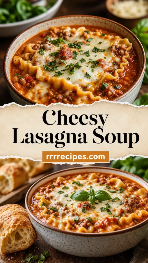 Cheesy Lasagna Soup with Mozzarella Topping