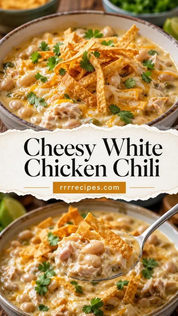 Cheesy White Chicken Chili with Tortilla Strips