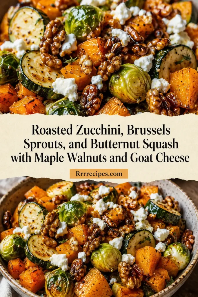 Roasted Zucchini, Brussels Sprouts, and Butternut Squash with Maple Walnuts and Goat Cheese