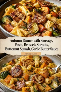 Autumn Dinner with Sausage, Pasta, Brussels Sprouts, Butternut Squash, Garlic Butter Sauce