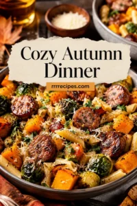 Cozy Autumn Dinner with Sausage, Pasta, Brussels Sprouts, and Butternut Squash