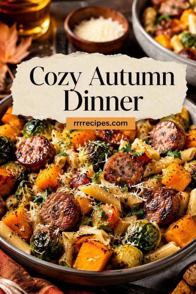 Cozy Autumn Dinner with Sausage, Pasta, Brussels Sprouts, and Butternut Squash