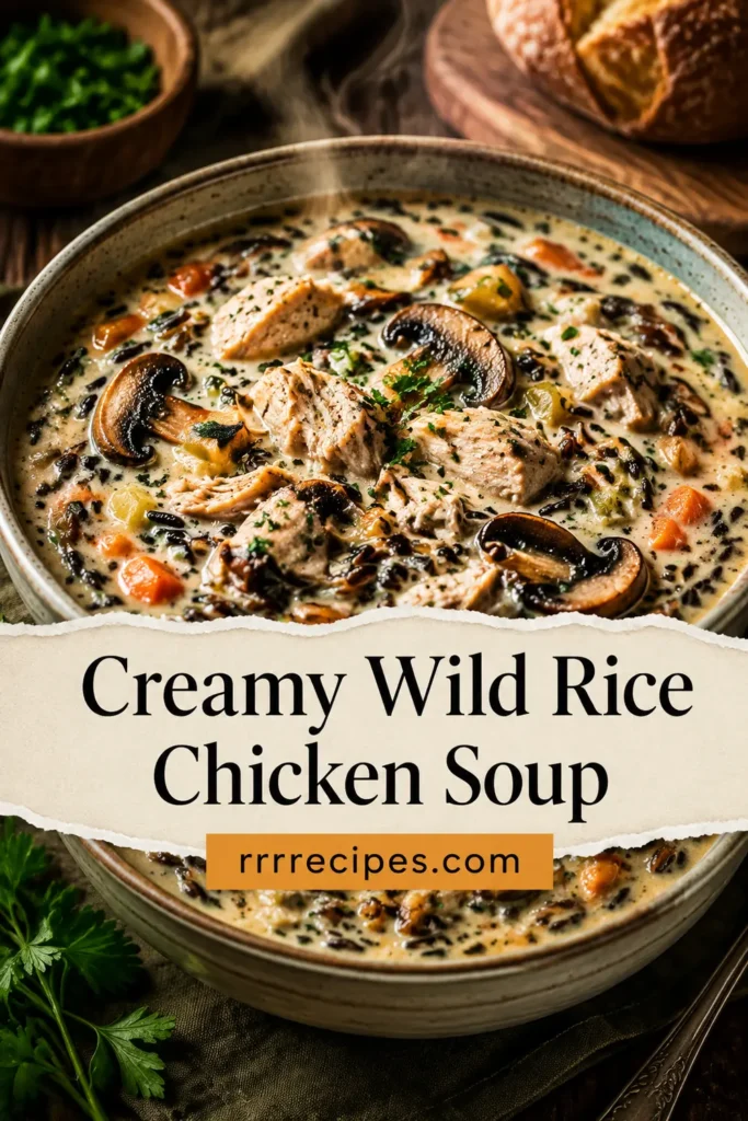 Creamy Wild Rice Chicken Soup with Roasted Mushrooms.